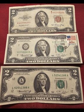 (3) Two Dollar Jefferson Notes, (1) 1953, (2) 1976 One With First Day Stamp.